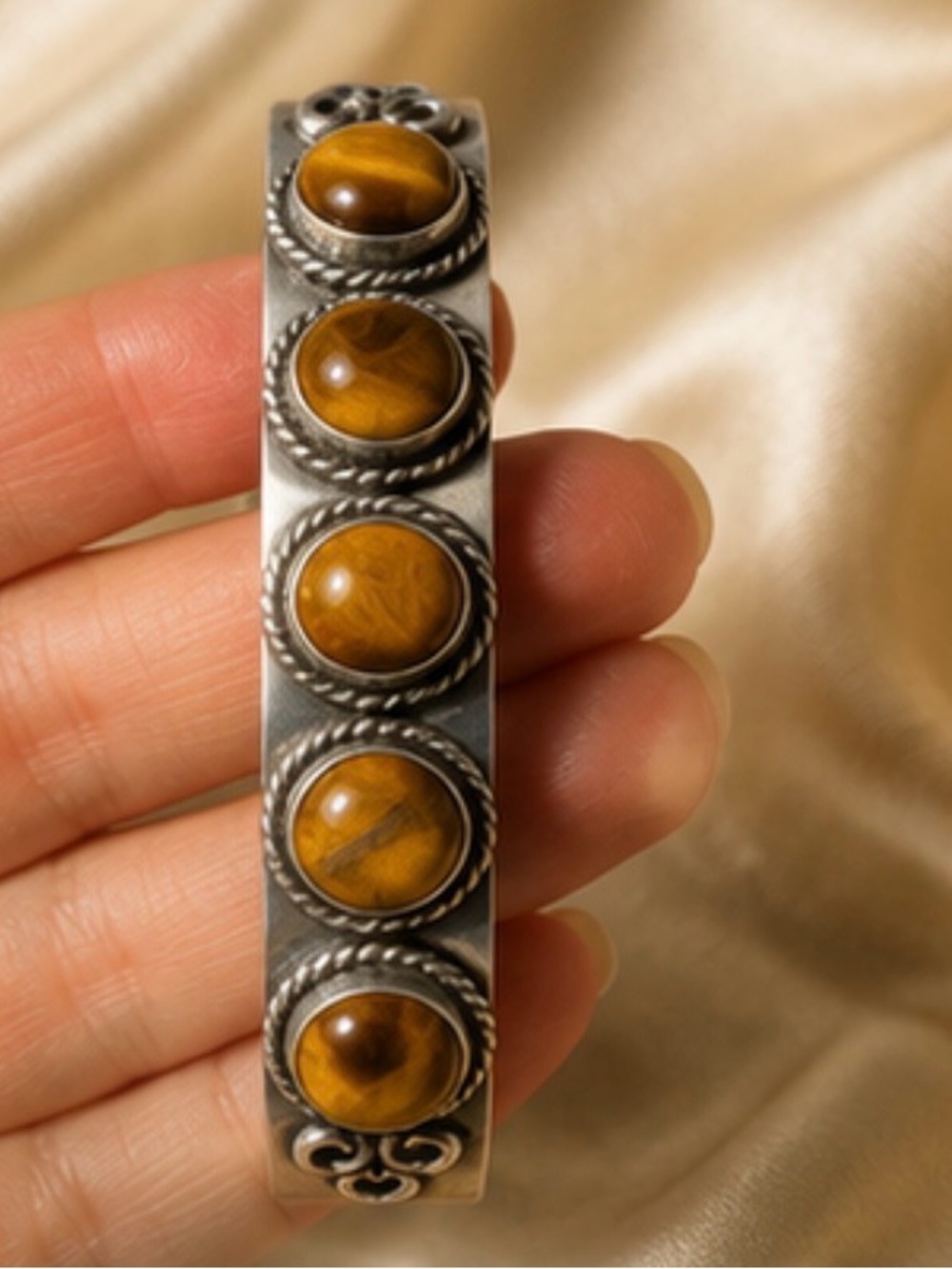 Sterling Silver Tiger's Eye Stone Cuff Bracelet - Brown
